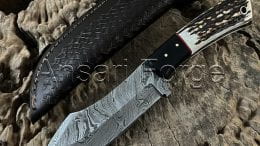 Damascus knife with antler handle for hunting & Skinning by Ansari Forge